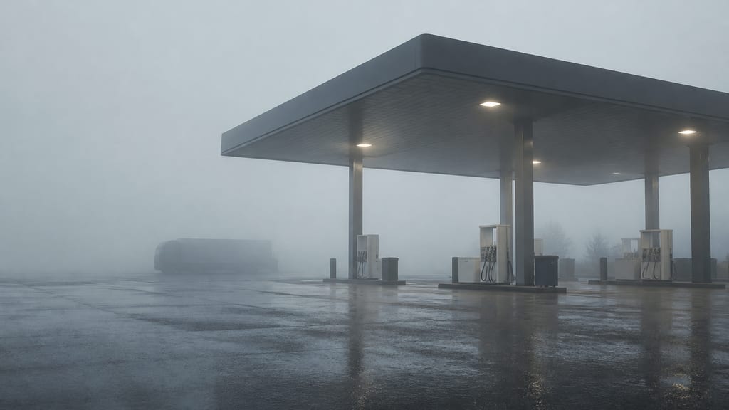 Illustration Aire d’autoroute dans le brouillard en France, station-service à peine visible — ambiance station-service type TotalEnergies — Autoroute A6 - Aire de Beaune Merceuil à Merceuil, près d’une autoroute (photo éditoriale, non contractuelle)