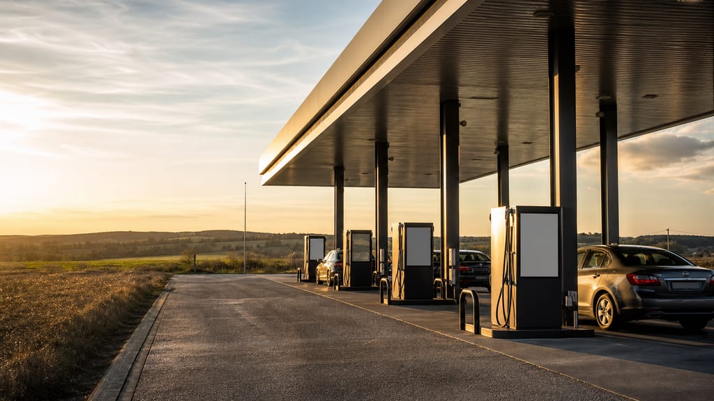Illustration Aire d’autoroute au golden hour, station-service et file de véhicules anonymes en France — ambiance station-service type Shell à Villeneuve-l'Archevêque, près d’une autoroute (photo éditoriale, non contractuelle)