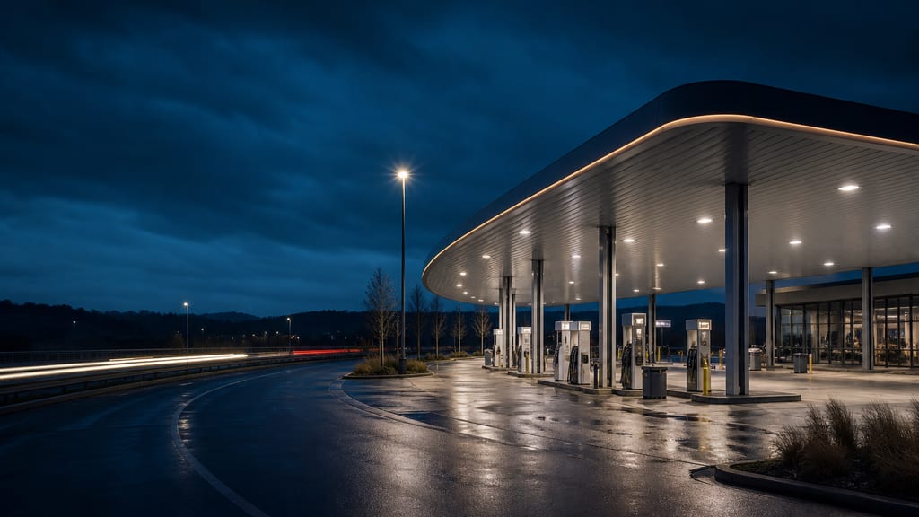Illustration Aire d’autoroute française de nuit, station-service éclairée le long de la voie rapide — ambiance station-service type Super U — Rue des Rogues - ZI du Pâtis à Talmont St Hilaire, près d’une autoroute (photo éditoriale, non contractuelle)