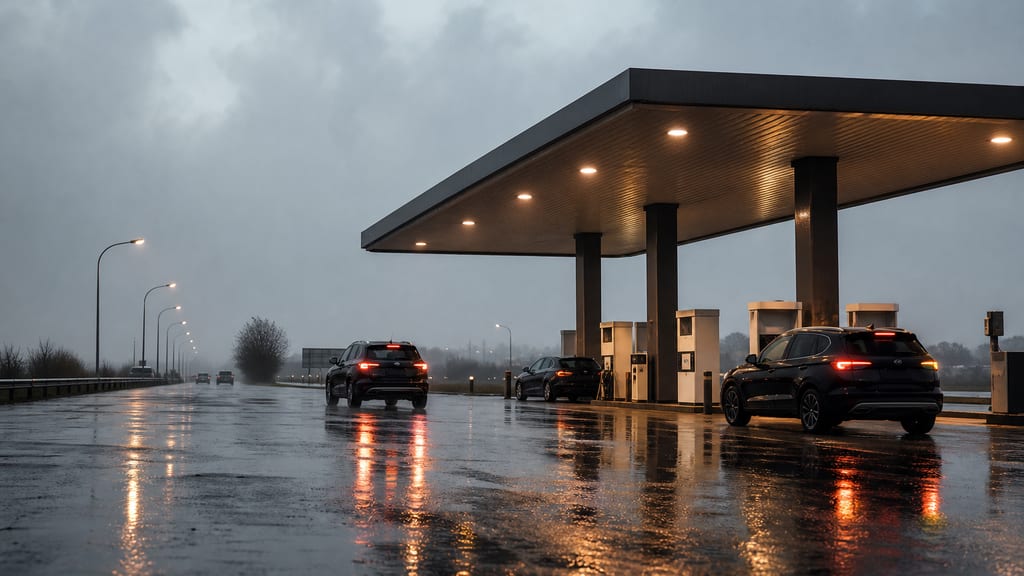 Illustration Station-service d’aire d’autoroute sous la pluie en France, auvent et bitume mouillé — ambiance station-service type Esso — Autoroute A 19 à Fouchères, près d’une autoroute (photo éditoriale, non contractuelle)