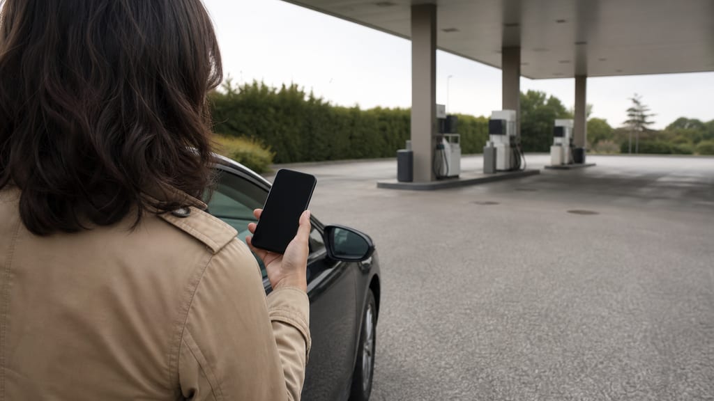 Illustration Automobiliste de dos consultant un téléphone à une station-service en France — ambiance station-service type TotalEnergies — Avenue d'Alsace à Lamalou les Bains, en ville (photo éditoriale, non contractuelle)
