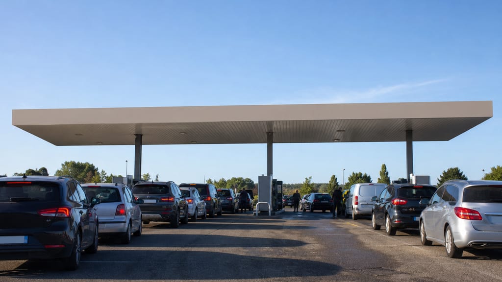 Illustration File de voitures anonymes attendant à une station d’hypermarché en France — ambiance station-service type E.Leclerc — Boulevard du Mercantour - Quartier Saint Isidore à Nice, en grande surface (photo éditoriale, non contractuelle)