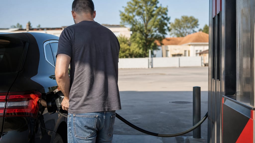 Illustration Automobiliste de dos faisant le plein dans une station française, voiture anonyme — ambiance station-service type TotalEnergies — Bis Avenue Aristide Briand à Gravigny, en ville (photo éditoriale, non contractuelle)