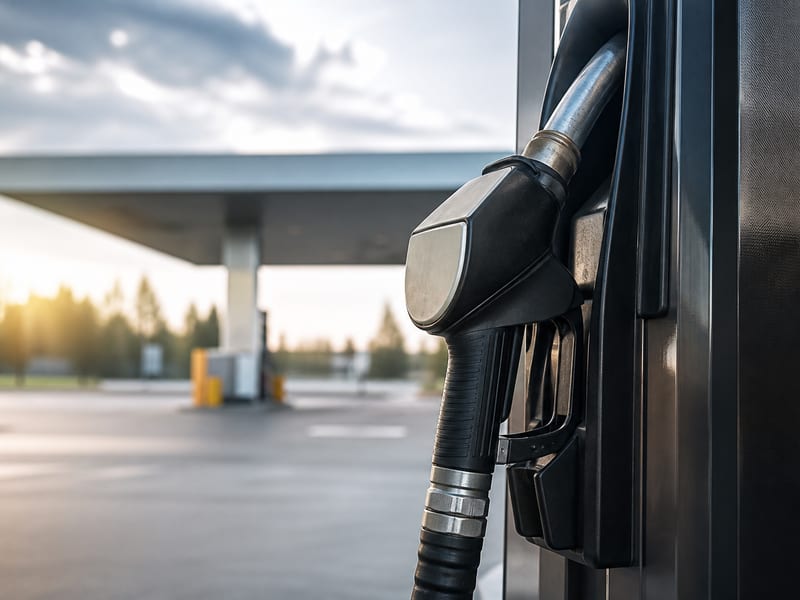 Illustration pompe carburant pistolet detail — ambiance station-service type Intermarché — Avenue Général Leclerc à Jarnac (photo éditoriale, non contractuelle)