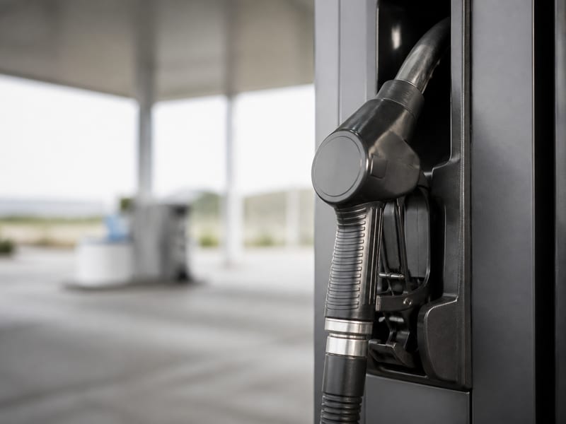 Illustration Détail d’une pompe à carburant moderne en station française, pistolet et tuyau (sans marquage) — ambiance station-service type TotalEnergies — Boulevard Napoléon Iii à Nice (photo éditoriale, non contractuelle)