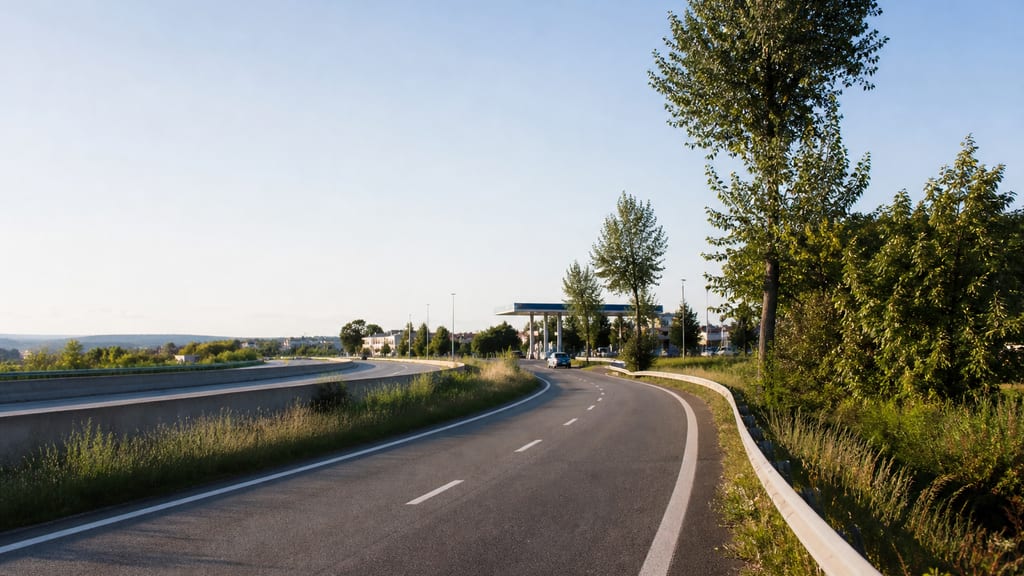 Illustration Sortie d’échangeur vers une station hors autoroute en France, paysage routier — ambiance station-service type TotalEnergies — A4 - Paris Strasbourg à Les Petites Loges, près d’une autoroute (photo éditoriale, non contractuelle)