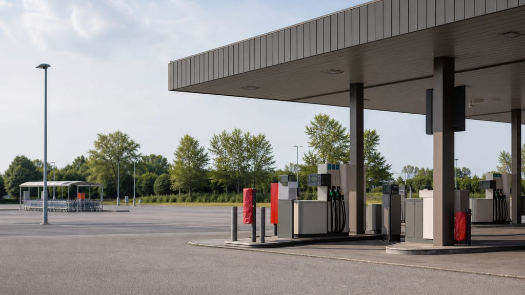 Illustration Station-service d’hypermarché en périphérie française, parking large et auvent simple — ambiance station-service type Intermarché — Boulevard Jean Moulin à Angoulême, en grande surface (photo éditoriale, non contractuelle)