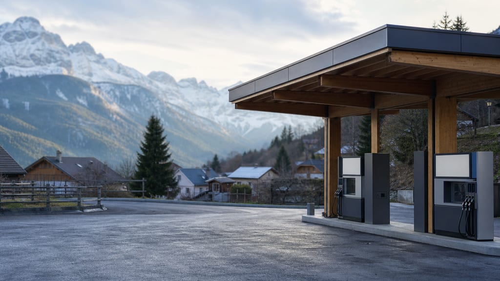 Illustration Station-service de montagne en France, relief et auvent sous ciel clair — ambiance station-service type TotalEnergies — Avenue ZAC 2000 à Mios, en ville (photo éditoriale, non contractuelle)
