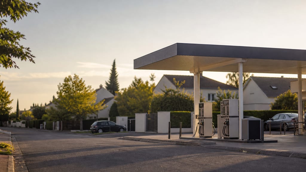 Illustration Station-service de quartier résidentiel en France, arbres et maisons en arrière-plan — ambiance station-service type TotalEnergies — Av.de Paris à Soisy-sous-Montmorency, en ville (photo éditoriale, non contractuelle)