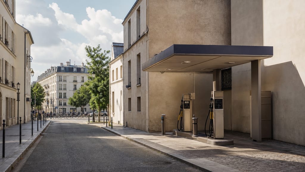 Illustration Petite station-service en centre-ville français, rues étroites et façade urbaine — ambiance station-service type TotalEnergies — Boulevard Napoléon Iii à Nice, en ville (photo éditoriale, non contractuelle)