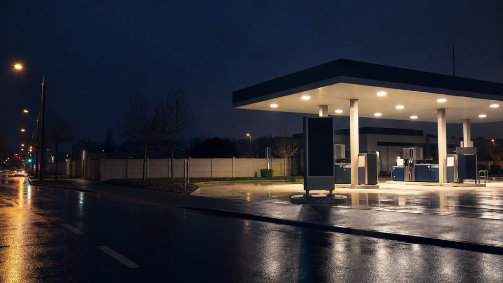 Illustration Station-service urbaine de nuit en France, lumières sous l’auvent et rue humide — ambiance station-service type TotalEnergies — Relais du Rochin à St Pierre des Corps, en ville (photo éditoriale, non contractuelle)
